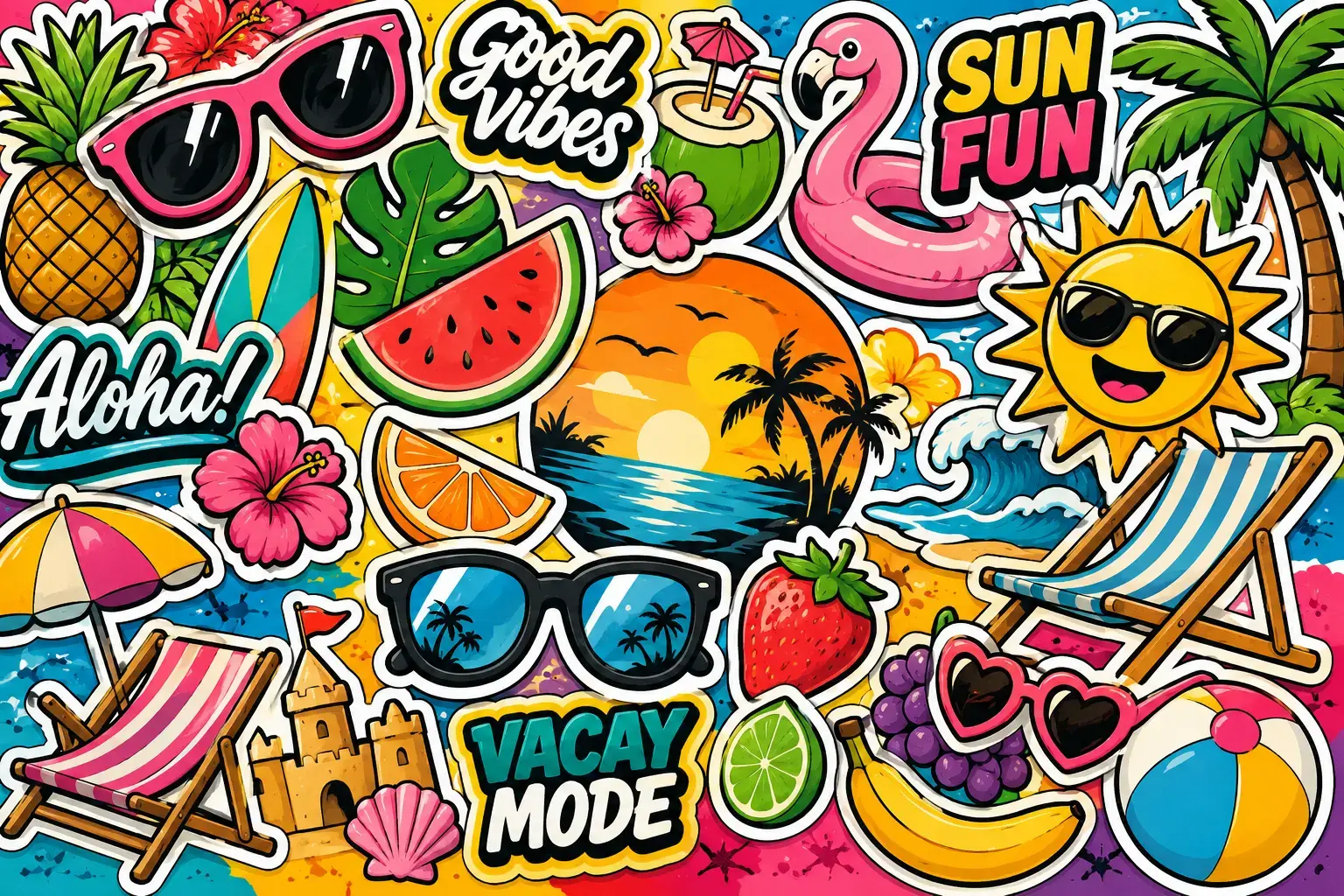 Przegląd smaków na lato – wakacyjna ilustracja z owocami, cytrusami, plażą, leżakami i letnim klimatem.